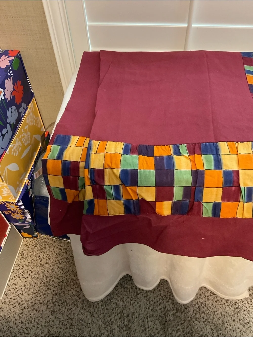 Handmade Patchwork Table Cloth- Burgundy with Multicolor Squares